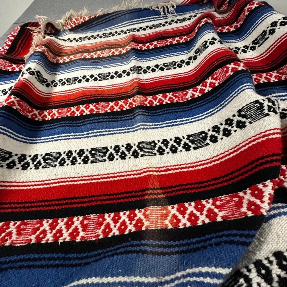 Mexican Serape Blanket 83x51 Multicolor Falsa Stripe Fringe Picnic Travel